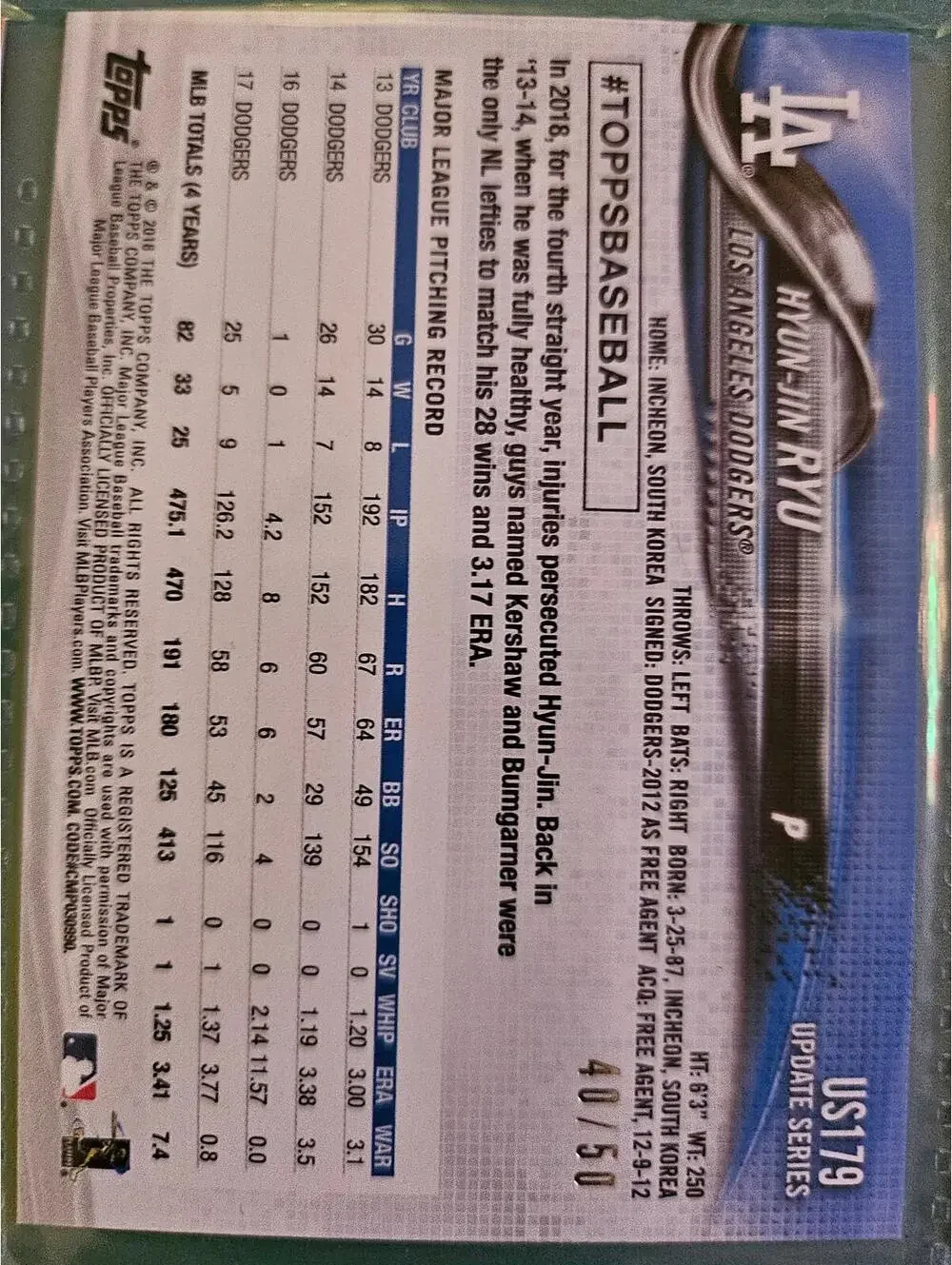2018 Topps Update BLUE FD- Hyun-Jin Ryu - No. 40/50  #US179 -Dodgers - RAW Mint